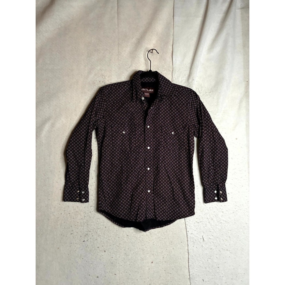 Pintlar Western Shirt Mens Large Black Red Geometric Print Collared Pearl Snap